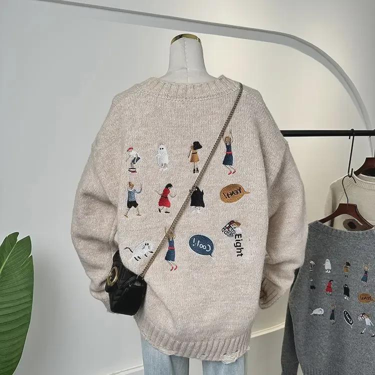 Women's Autumn & Winter Fashionable Loose Knitted Sweater with Retro Cartoon Embroidery and Ripped Details