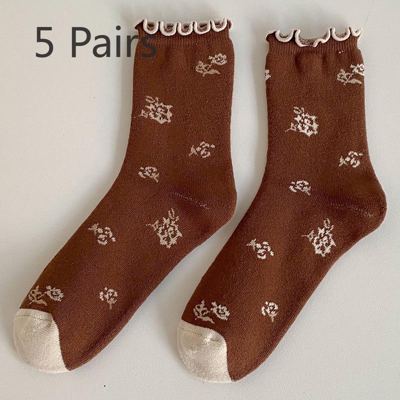 5 Pairs of Women's Autumn and Winter Fleece and Thickened Warm and Cute Loop Socks
