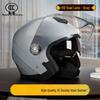 Unisex Electric Vehicle Helmet with Detachable Half Shell, Double Visor, Cold Protection Neck Gaiter, and Motorcycle Safety Features.