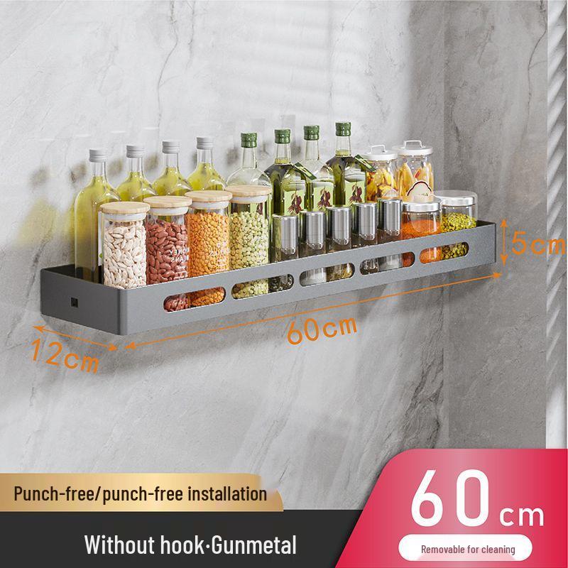 Charlotte Gunmetal Grey Wall-Mounted Kitchen Storage Rack with Seasoning Jar Organizer, Punch-Free
