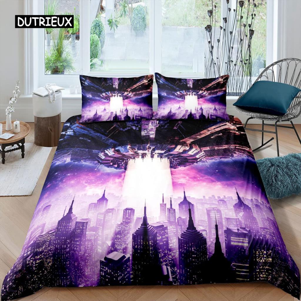 Cityscape Duvet Cover Set New York City Night View Quilt Cover for Boys Adults Microfiber Building Bedding Set 2/3Pcs King Size