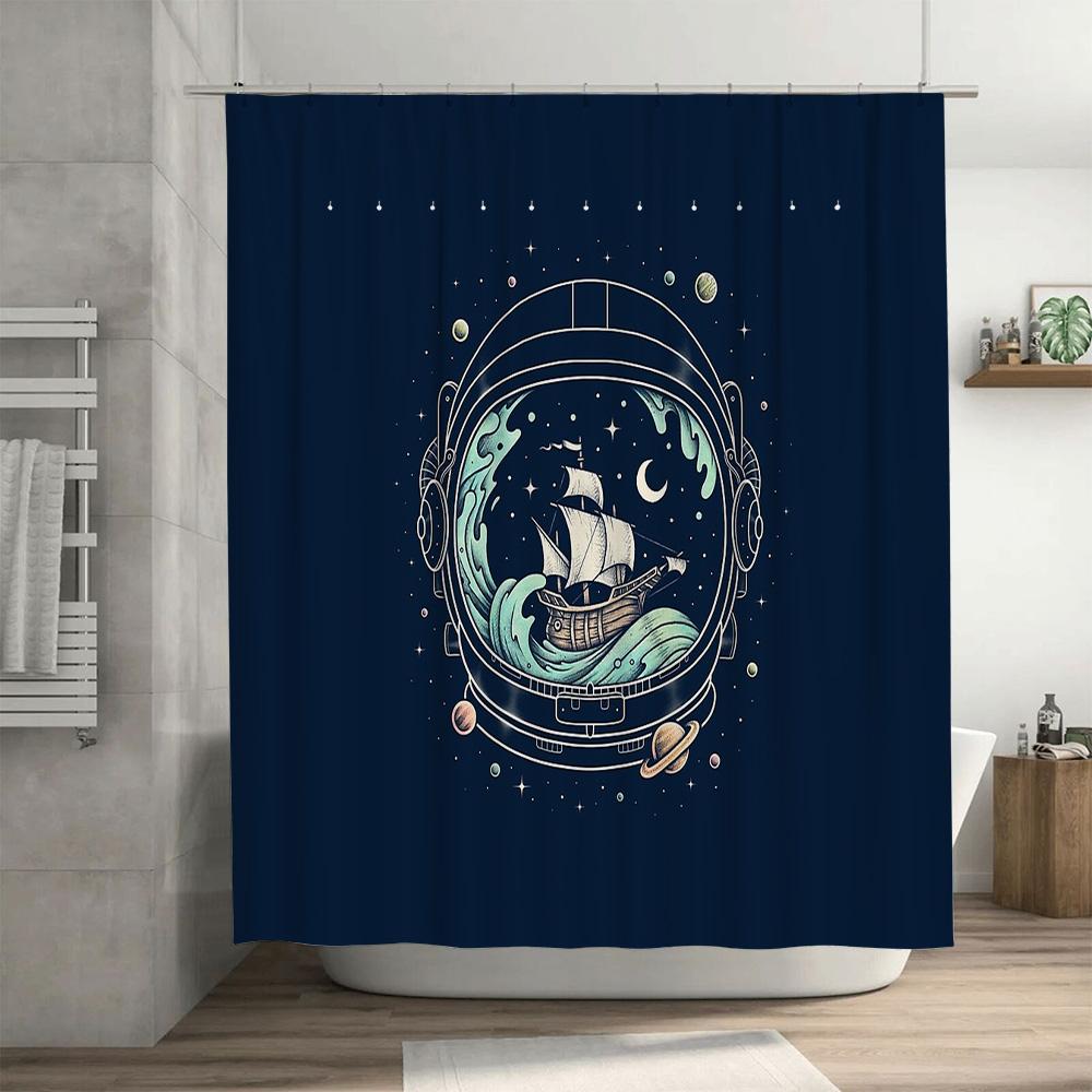 Ocean Wave Ship Nautical Shower Curtain Coastal Sea Liner Bathroom Decor Vintage Blue Artistic Home Textile Wall Hanging