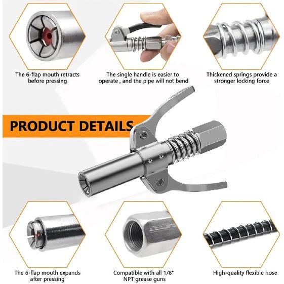 Strong Lock on Grease Couplers, High Pressure Grease Gun Coupler - with Spring Flex Hose, Quick Release Grease Coupler, Grease Gun Replacement Tip