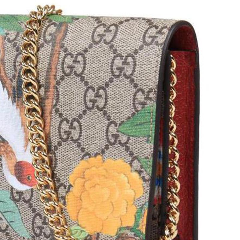Gucci Presbyopia Logo Flower and Bird Pattern Canvas Patch Leather Chain Bag Crossbody Shoulder Bag Women's Ebony