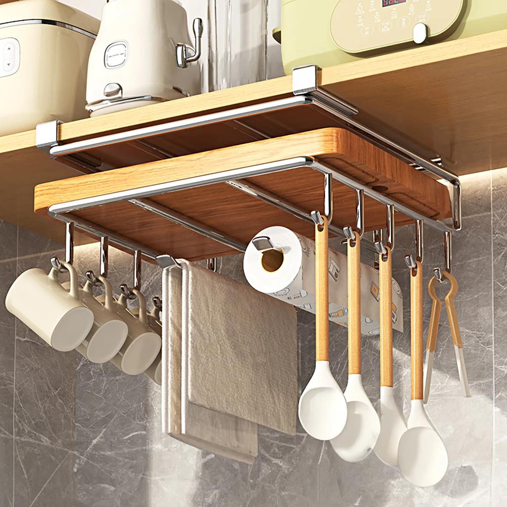 Installation-free Kitchen Cabinet Under Shelf No-Punch Large Capacity Storage Board Pot Cover Holder Towel Tissue Storage Rack