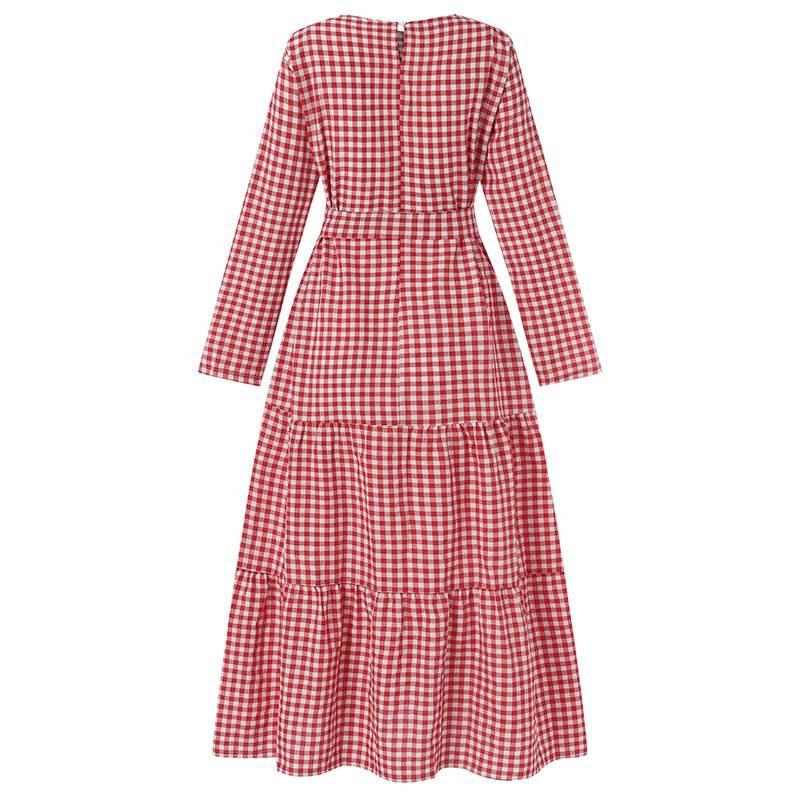 Plaid Round Neck Full Sleeve Loose Dress with Belt