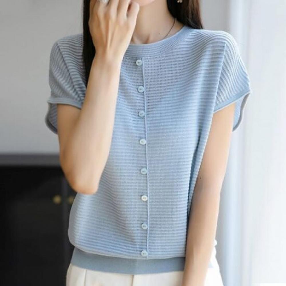 Navava Women Simple Button Point Cap Sleeve Knit Tee Nk2992