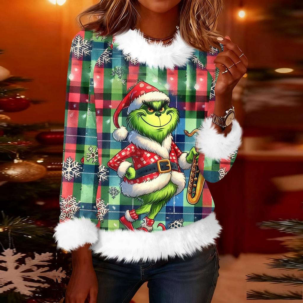 Women's Fashionable Christmas Printed Round Neck Long Sleeved Casual Pullover T-shirt Top