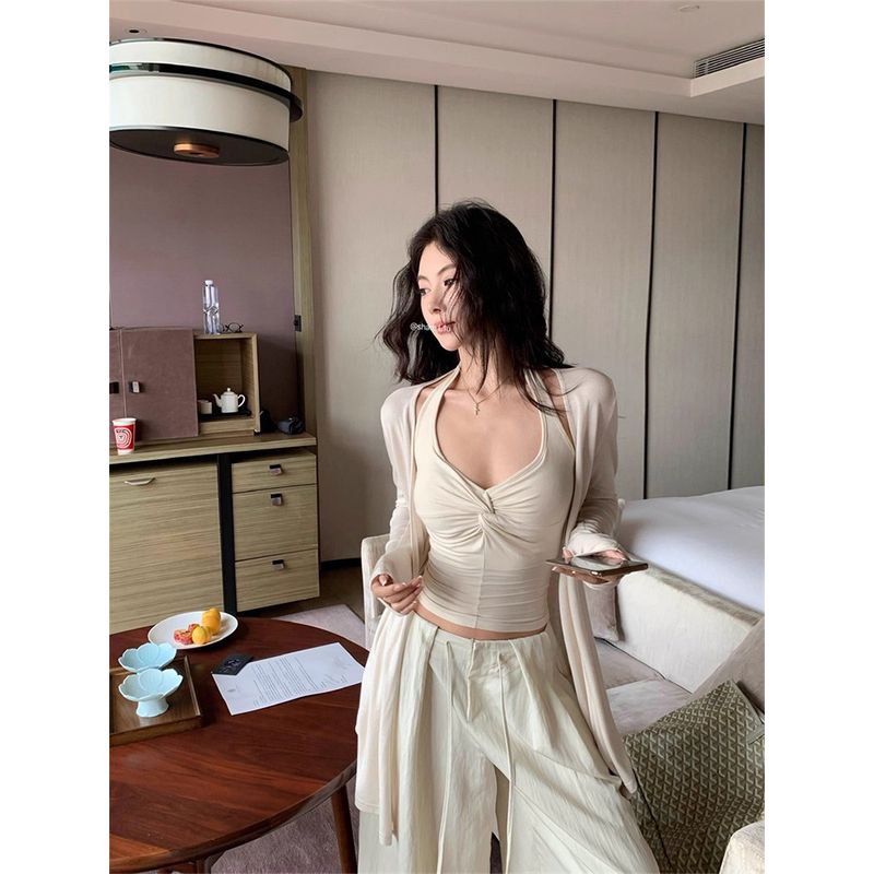 Kumikumi Lazy Style Long Sleeve Cardigan Underwear Spaghetti-Strap Slip Women's Autumn Slimming All-Match Wide Leg Pants Three-Piece Set