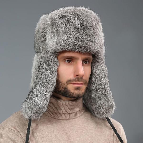 Men's Caps Warm Natural Rabbit Fur Bomber Hat With Earflaps Winter Hot Sale Unisex Warm Russian Ushanka Hat Real Rabbit Fur Hats