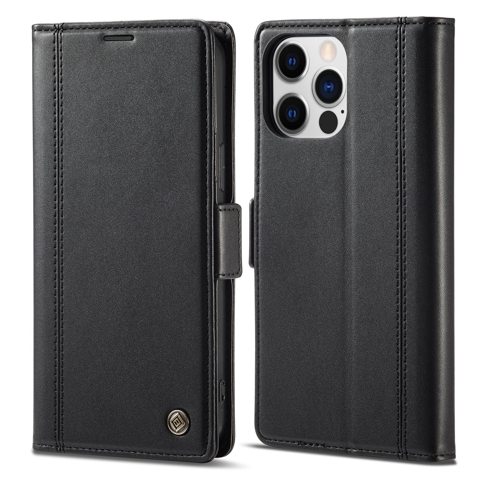 

LC.IMEEKE For iPhone 16 Pro Max Leather Case Imprint Lines Phone Cover Wallet Stand Black