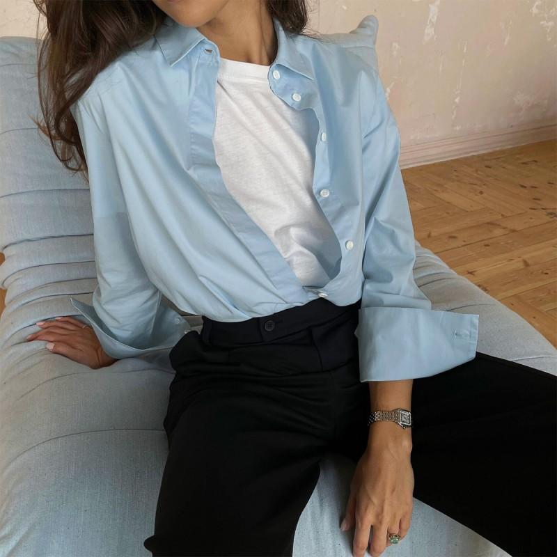 Loose Fit Cotton Shirt Women 2026 Roll Collar Long Sleeve Button-Down Blouse Casual Office Wear