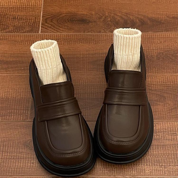 Japanese college style thick-soled basic jk small leather shoes women's French summer and autumn mid-heel round head single shoes
