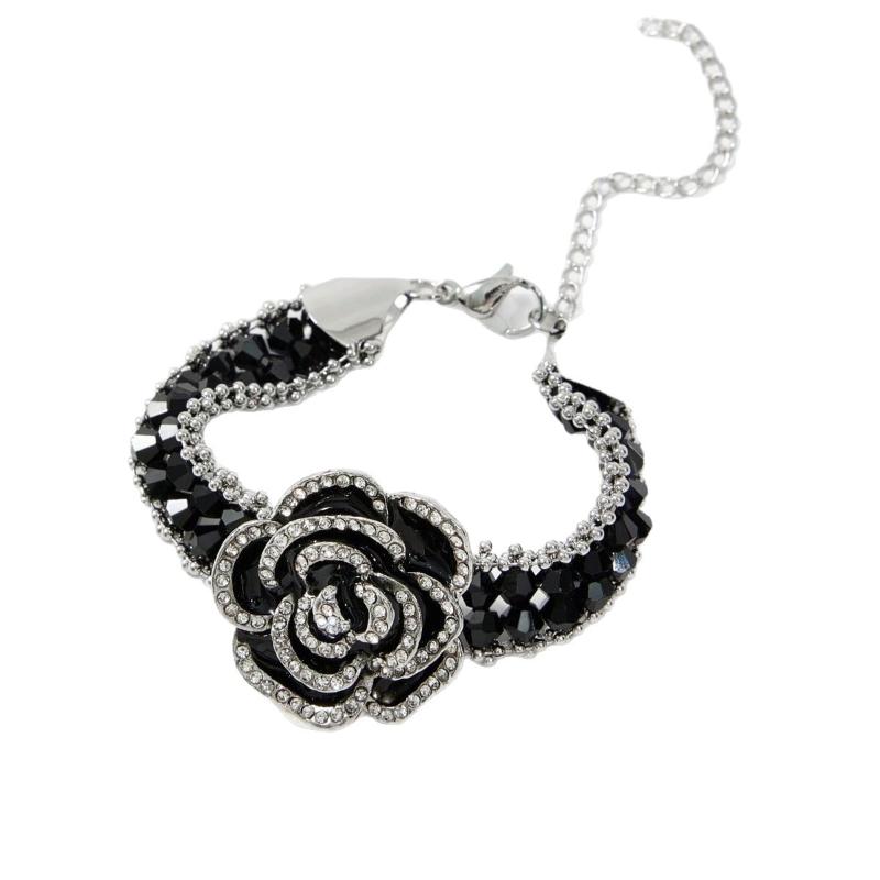 

French Temperament Inlaid Rhinestone Crystal Black Camellia Flower Bracelet For Women Jewelry Accessries Gift 1pc