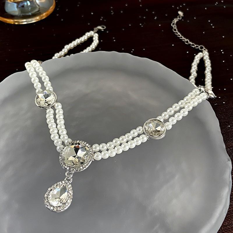 Pearl retro diamond necklace French temperament high-end niche design double-layer woven beaded collarbone chain