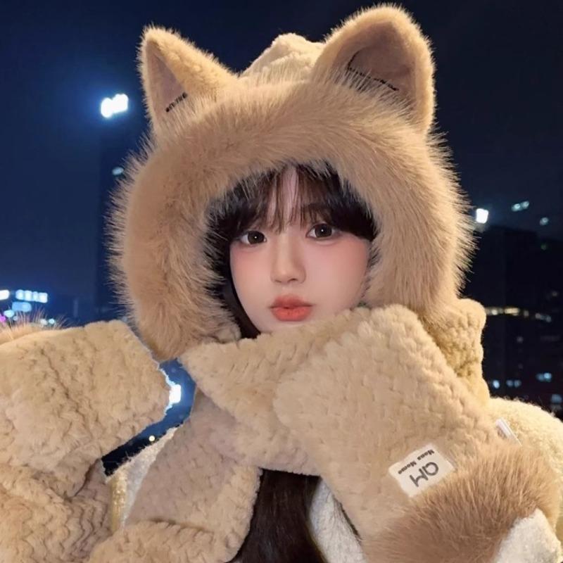 Fuchsöhrchen Plüschmütze Schal integriert Damen Herbst und Winter neu niedliche Handschuhe warm dreiteiliges Set