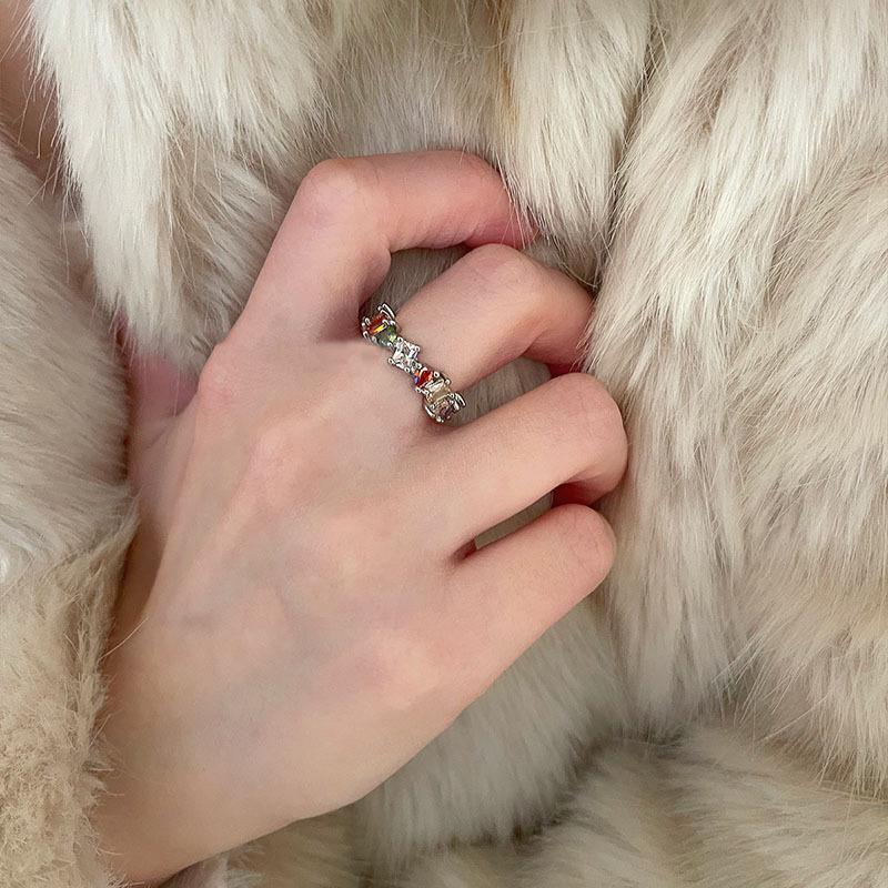 Color Trendy Rainbow Zircon Adjustable Open Ring For Women Fashionable Geometric Design 2023