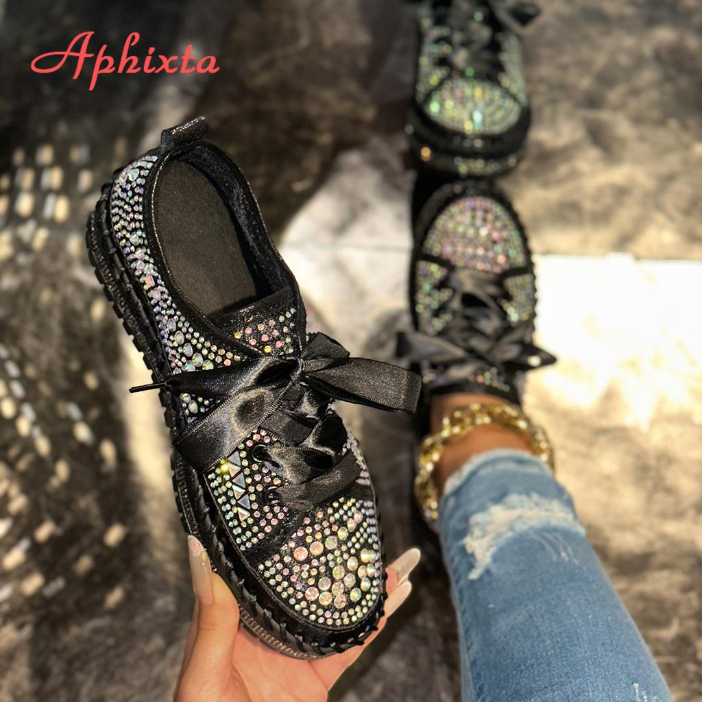 Fashion Aphixta Flat With Women Loafers Bling Crystal Flats Lace Up Design Casual Shoes Silver 3cm Heels Luxury Size 44 Ladies Shoes