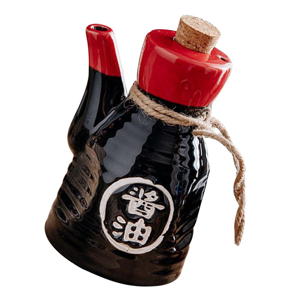 Ceramic Soy Sauce Bottle Japanese Style Oil Pot Container Home Seasoning Kitchen Wood