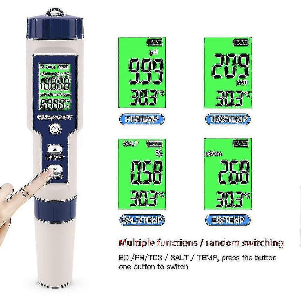 5-in-1 Electronic Ph Meter, Measure Ph & Tds & Ec Salinity & Temperature Water Quality Tester