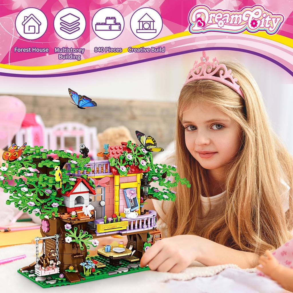 840 Piece Tree House Building Sets,Girls Creative Forest House Building Blocks Kit,STEM Friends Friendship Tree House with Swing Animals