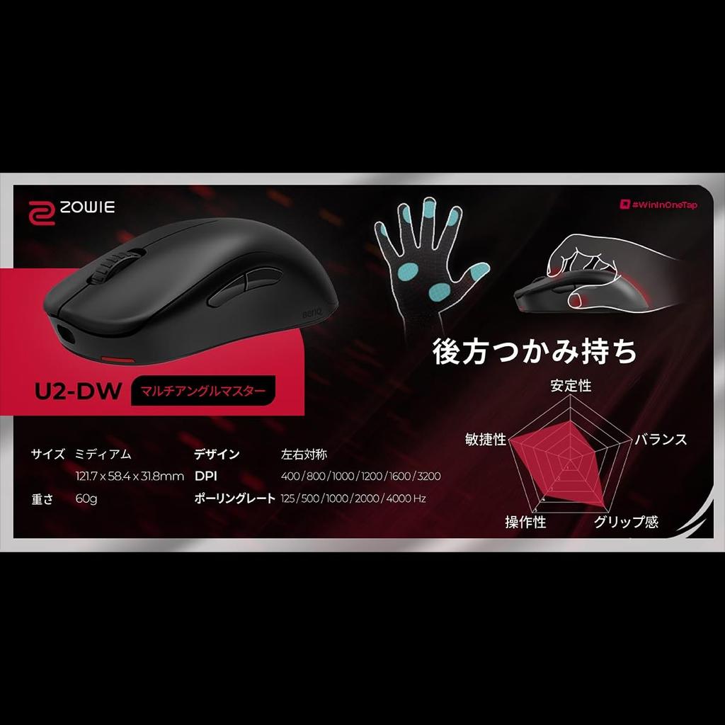 BenQ Japan BenQ ZOWIE Wireless Gaming Mouse Wireless Receiver U2-DW (Medium Profile/Symmetrical/Approx. 60g/3950 Sensor/4000Hz/Enhanced