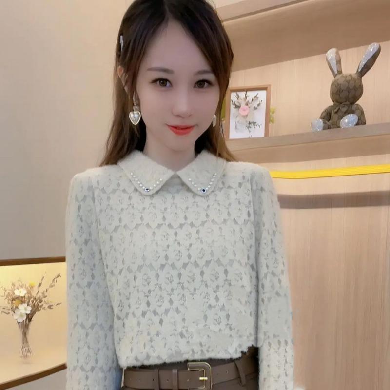 

Стильная и универсальная женская рубашка на осень и зиму: Кружевной кукольный воротник и утягивающий топ, уменьшающий возраст XXXL хаки