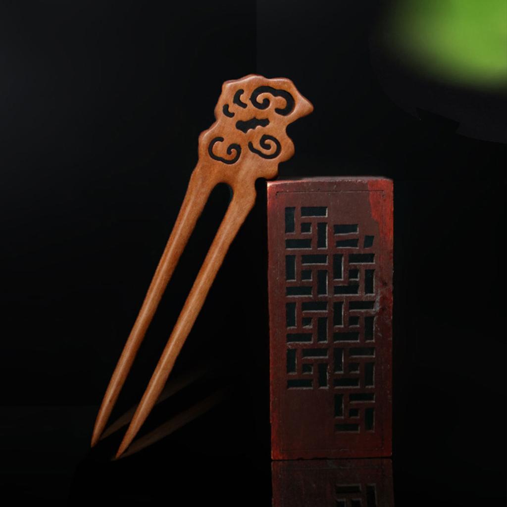 Retro Wooden Hairpin 2 Prongs Carved Clouds Design Hair Chopsticks for Women Bun Maker