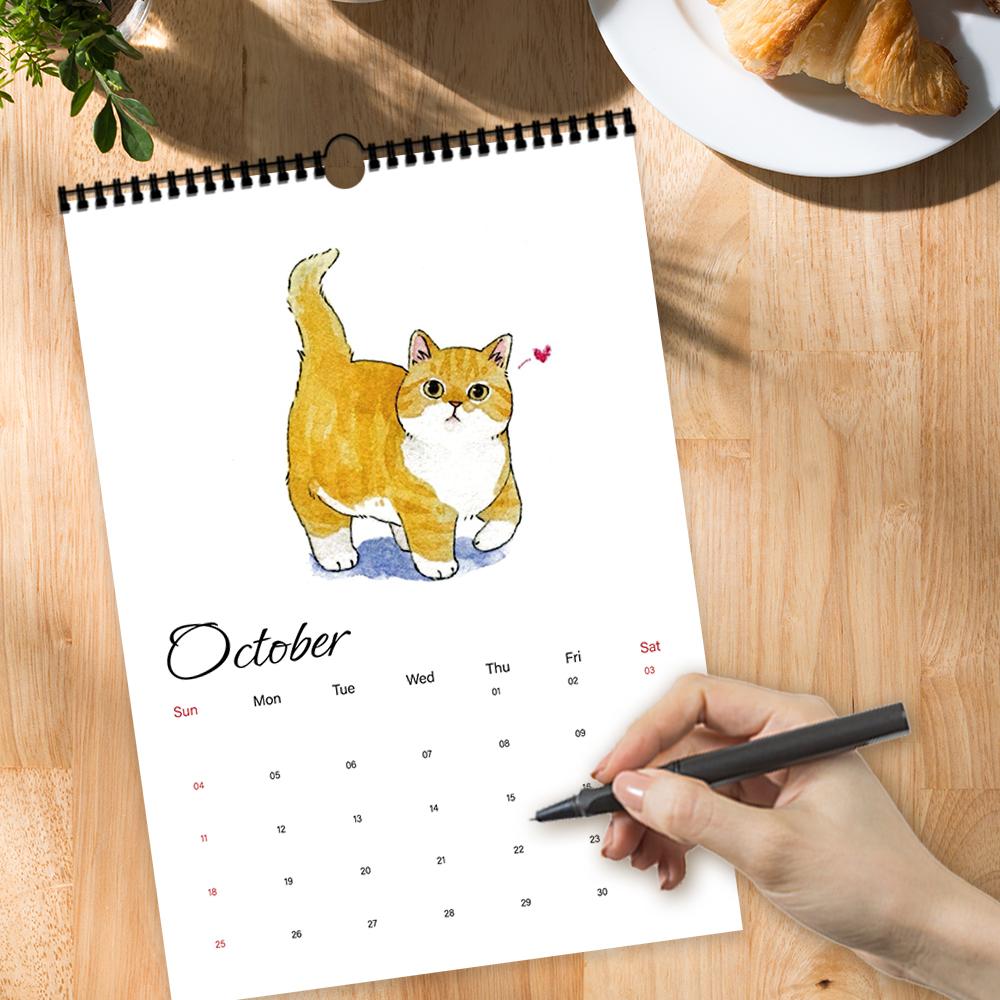 1pc, 2026 Cartoon Hand-Drawn Cat Theme Calendar, 12 Different Designs, Wall Calendar, Birthday, Christmas, New Year Gift