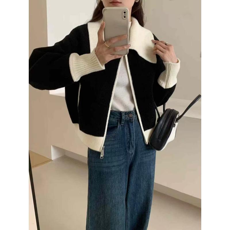 

Весенний новый свободный кардиган из вязаной двусторонней шерсти с лацканами контрастного цвета на молнии, повседневный универсальный свитер-жакет для женщин one size fits all чёрный