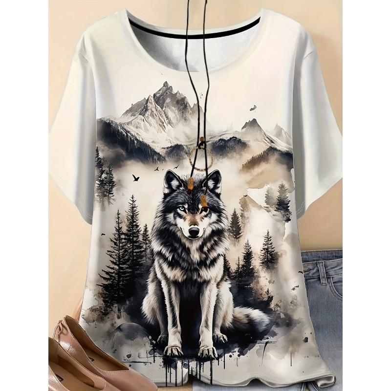 Neues Damen T-Shirt 3D Wolf Druck Rundhals Kurzarm Mode Grafik T-Shirts Lustige Streetwear Tops Y2k Lockeres T-Shirt Damen Kleidung