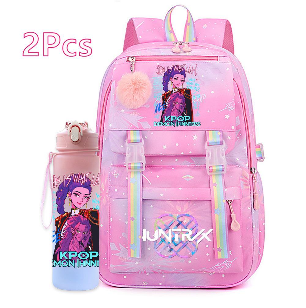 2Pcs/set Anime K-pop Printed Backpack with 750Ml Water Bottler Large Capacity Travel Bag for Teenager Girl Boy Bookbag Kid Gift Large Capacity Bag