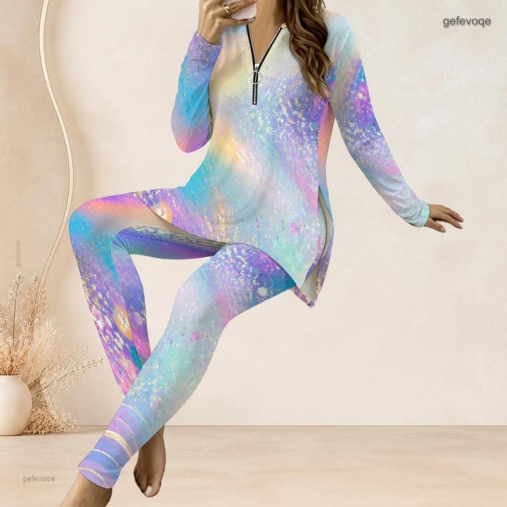 Women Plus Size Grey Printed Half Zip Long Sleeve Top And Fitted Long Pants Two Piece Outfit