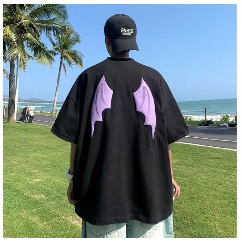 Devil Wings T-shirt Men's Short-sleeved Trendy Loose T-shirt Summer And Autumn New American High Street Tops Short-sleeved Men