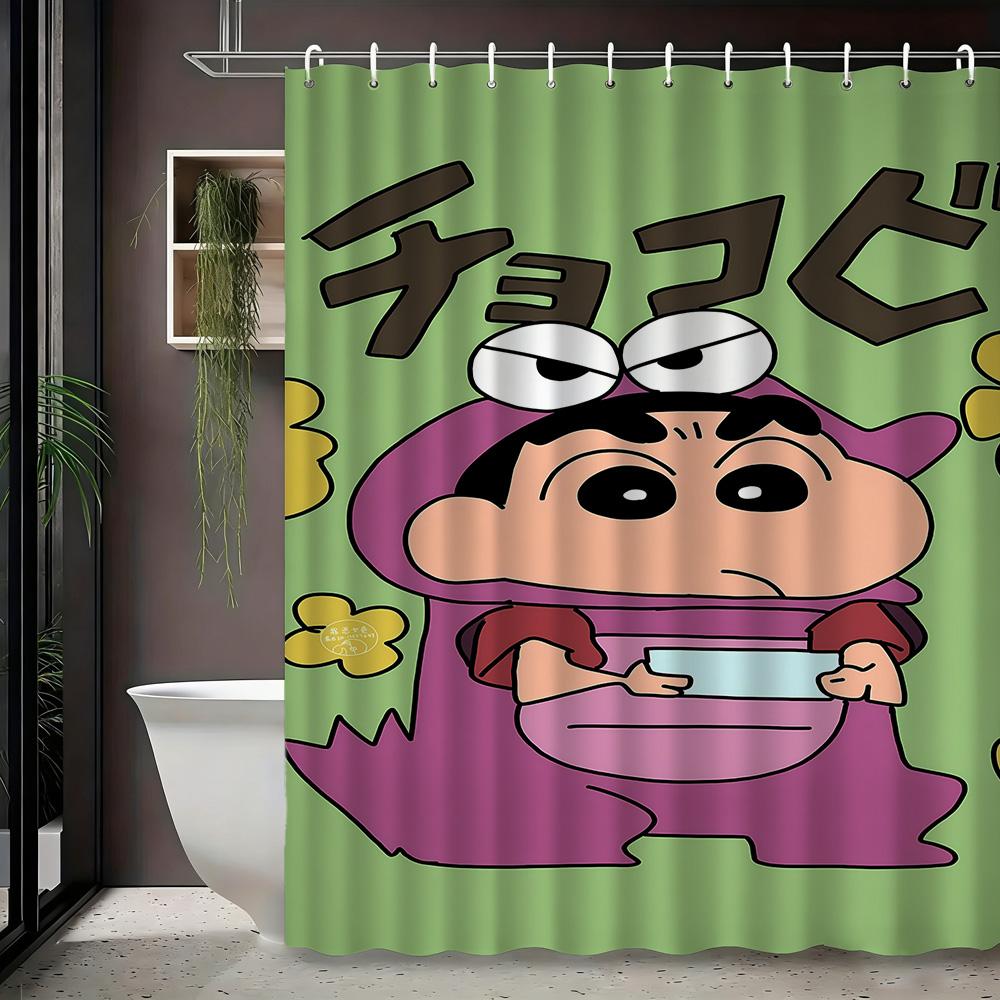 Crayon Shin-Chan Himawari & Pink Crocodile Toy Cartoon 2D Print Waterproof Shower Curtain, Minimalist White With Colorful Stars