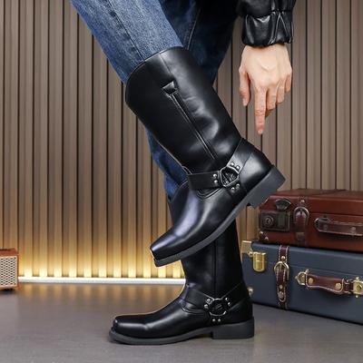 Fashion Men Retro Cowboy Boots Black Brown British Style Men High Top Boots Knight Boots Mid Top Boots Men Sizes 38-46 Men Shoes