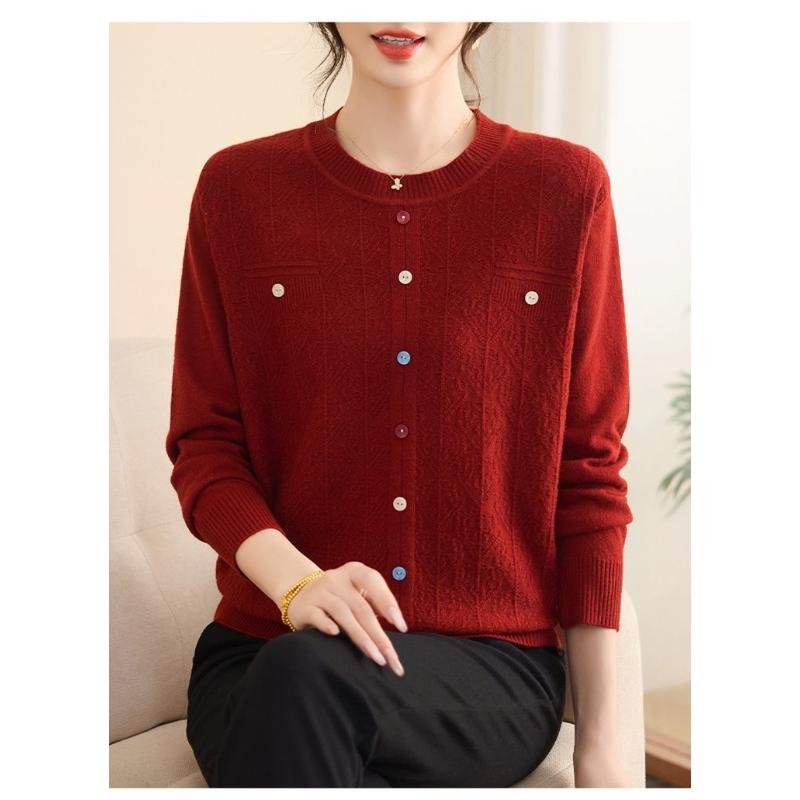 

Модный свитер с длинным рукавом, повседневный, с круглым вырезом, базовая рубашка, топ с пуговицами и нитью для женщин XL красный