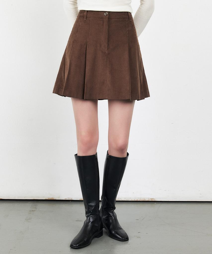 City Breeze Corduroy Pleated Mini Skirt_Brown
