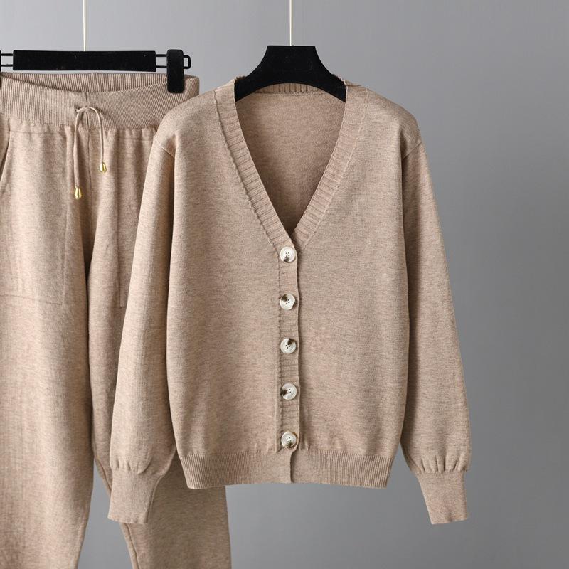 QICED Autumn and Winter V-neck Cardigan Sweater Harlen Pants Set Solid Color Cardigan Sweater Two-piece Set