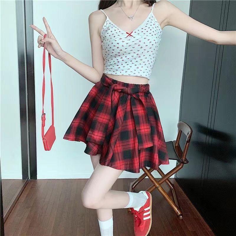 2025 Summer British Retro Plaid High Waist Slimming Midi Skirt for Women