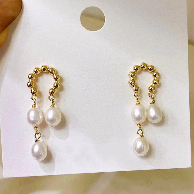 High Sense Natural Freshwater Pearl Stud Earrings Female Ins Niche Style Handmade Design Antique Smart Circle U-shaped Stud Earrings