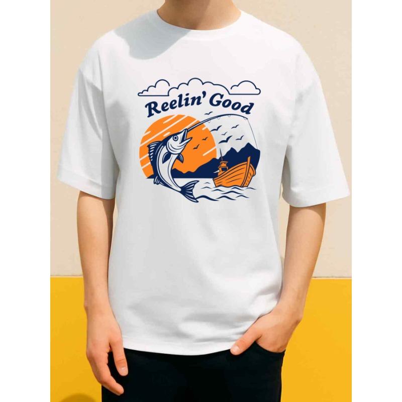 

European Size Men s 180g 100% Cotton Fishing T-Shirt with Fish & Rod Graphic Print, Casual Short Sleeve Round Neck Tee for Outdoor Fishing Trips 5XL