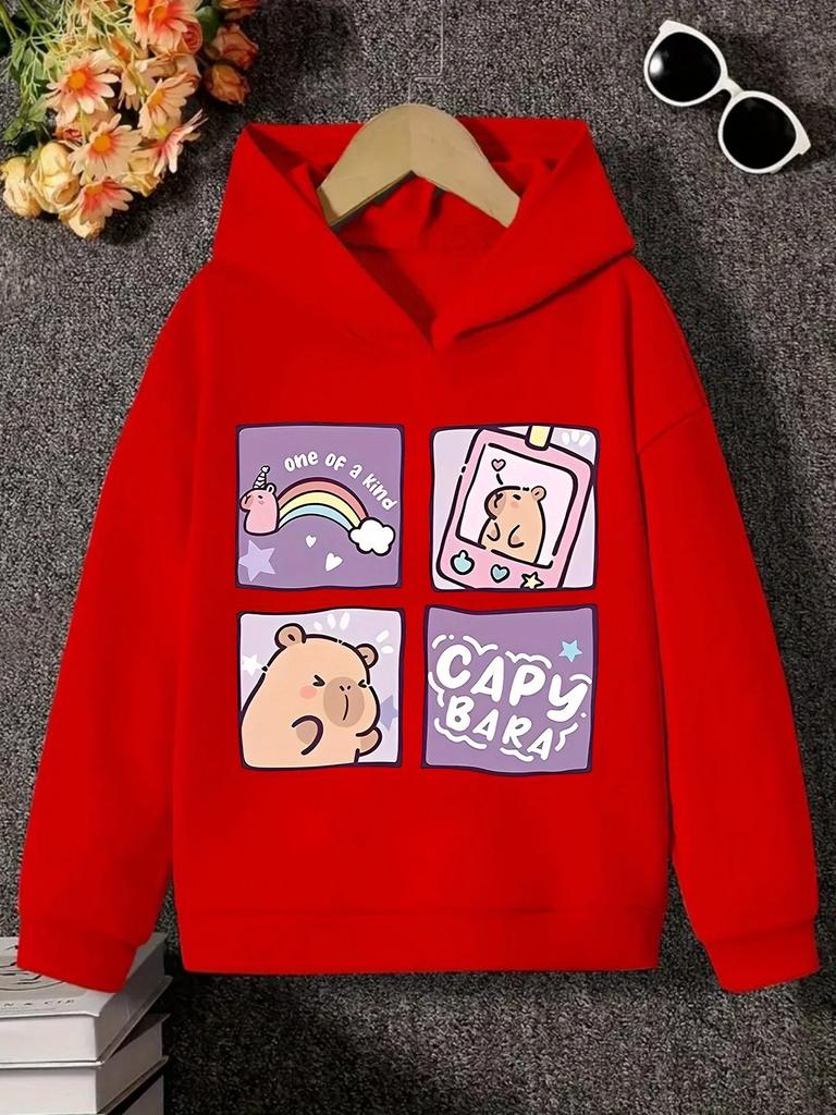 Kids Capybara Hoodie Cute Cartoon Animal Graphic Print Kawaii Pullover Sweatshirt Boys Girls Rainbow Unicorn Design Spring