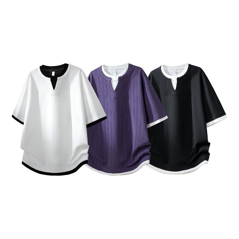 Trendy 2026 Men's Jacquard Sportswear Set: Faux Two-Piece T-Shirt & Shorts
