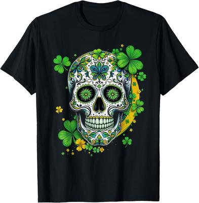 Zuckerschädel St. Patrick's Day Kleeblatt Grafik T-Shirt Atmungsaktiv Kurzarm Lässig Rundhals T-Shirt