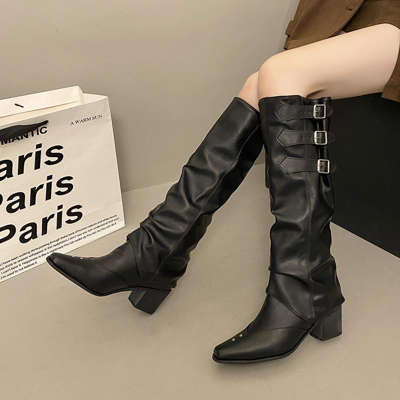 

Ботильоны на толстом каблуке с острым носком в стиле ретро, длинные сапоги-рыцари, женская обувь 2025, новый осенне-зимний дизайн, сапоги-трансформеры 40 чёрный
