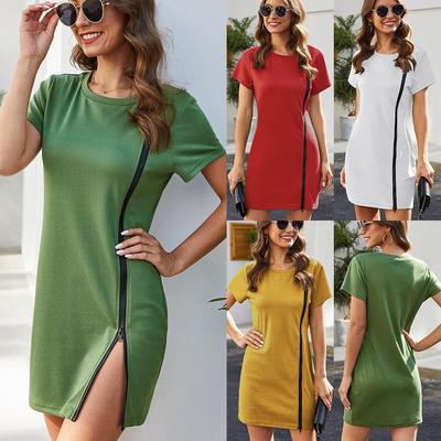 Summer Woman Dress Fashion Sports Runway Casual Round Neck Short Sleeve Stretch Slim Fit Hip Plus Size White Mini Dress