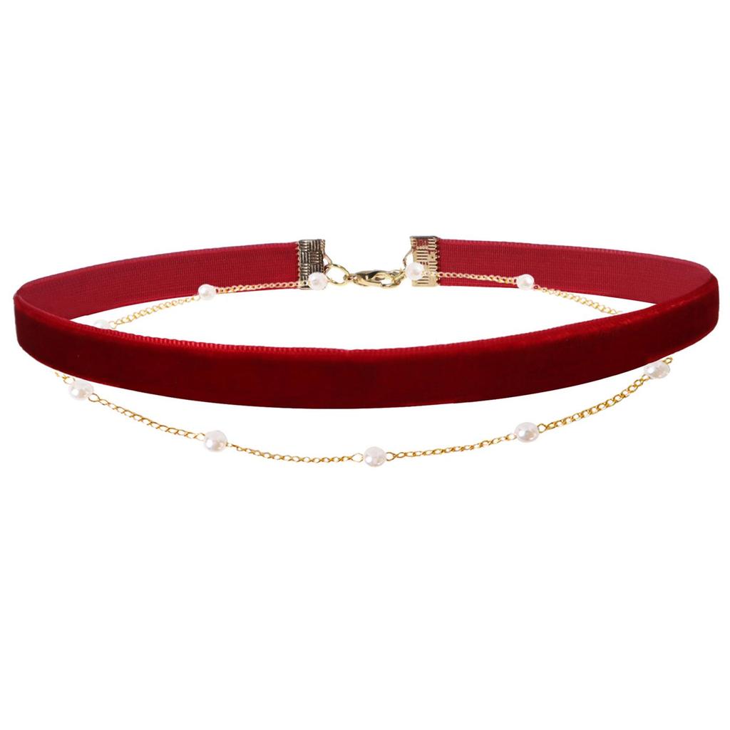 Vintage Wine Red Velvet Pearl Choker Necklace