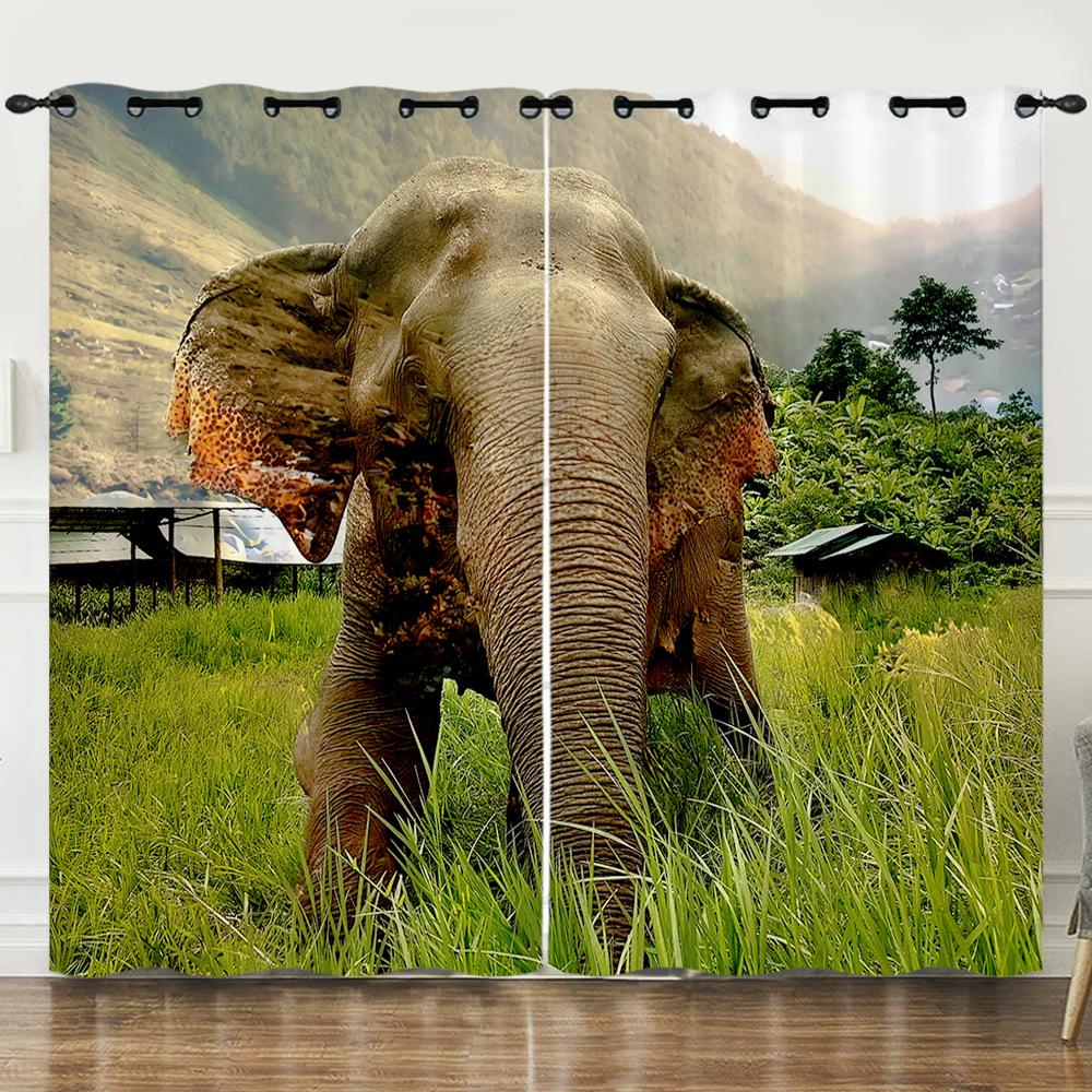 Curtain African Elephant Animal 3D Digital Printing Blackout Curtain Punching