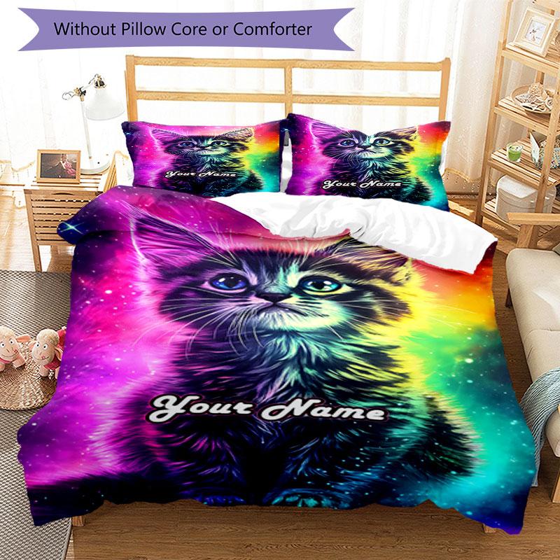 3PC Custom Name Cosmic Kitten Dreamscape Bedding Set Duvet Cover Closure Includes 1 Duvet Cover & 2 Pillowcases for Bedroom